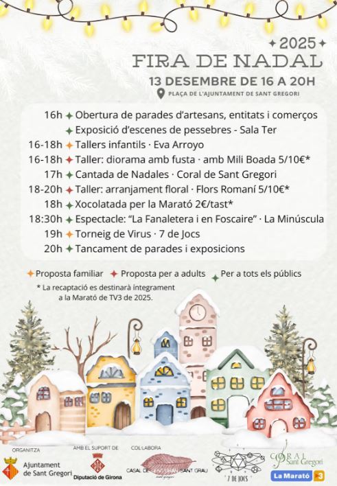 Fira de Nadal 2025 a Sant Gregori: tallers, espectacles i esperit solidari
El pròxim 13 de desembre de 2025, la Plaça de l’Ajuntament de Sant Gregori s’omplirà de màgia nadalenca amb la celebració de la Fira de Nadal, una tarda plena d’activitats per a tota la família, música, artesania i solidaritat.
Amb horari de 16 a 20 h, la fira combinarà el millor de la tradició amb propostes creatives i participatives per grans i petits, en un ambient acollidor i comunitari. A més, tots els beneficis recaptats aniran destinats a La Marató de TV3, enguany dedicada a la lluita contra el càncer.
🎪 Programa complet de la Fira de Nadal 2025
📍 Ubicació: Plaça de l’Ajuntament de Sant Gregori
🗓️ Data: Dissabte 13 de desembre de 2025
🕓 Horari: De 16.00 h a 20.00 h
Activitats destacades:
16.00 h: Obertura de parades d’artesania, entitats i comerços locals
16.00–20.00 h: Exposició d’escenes de pessebre (Sala Ter)
16.00–18.00 h: Tallers infantils amb Eva Arroyo
16.00–18.00 h: Taller de diorama amb fusta (amb Mili Boada, 5/10 €)
17.00 h: Cantada de nadales amb la Coral de Sant Gregori
18.00 h: Taller d’arranjaments florals amb Flors Romaní (5/10 €)
18.00 h: Xocolatada solidària per La Marató (2 €/tast)
18.30 h: Espectacle infantil “La Fanaletera i en Foscaire” (La Minúscula)
19.00 h: Torneig de Virus – a càrrec de 7 de Jocs
20.00 h: Tancament de parades i exposicions